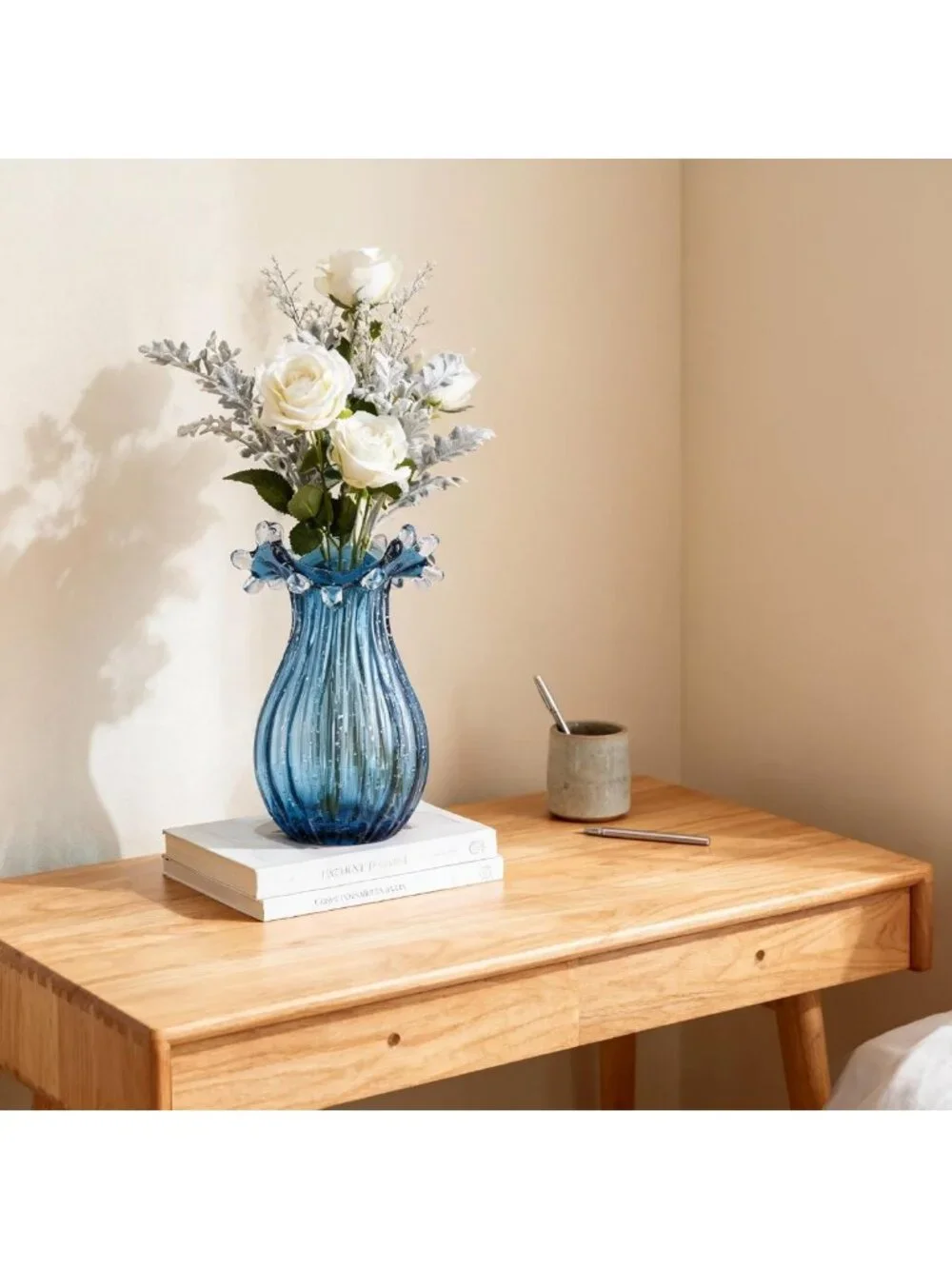 Unique Hand Blown Blue Glass Vase | Modern Art Decor for Living Room & Office